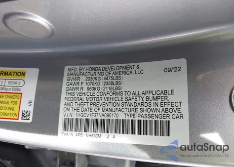 2022 Honda Accord Sport from USA, damaged, VIN 1HGCV1F37NA085170